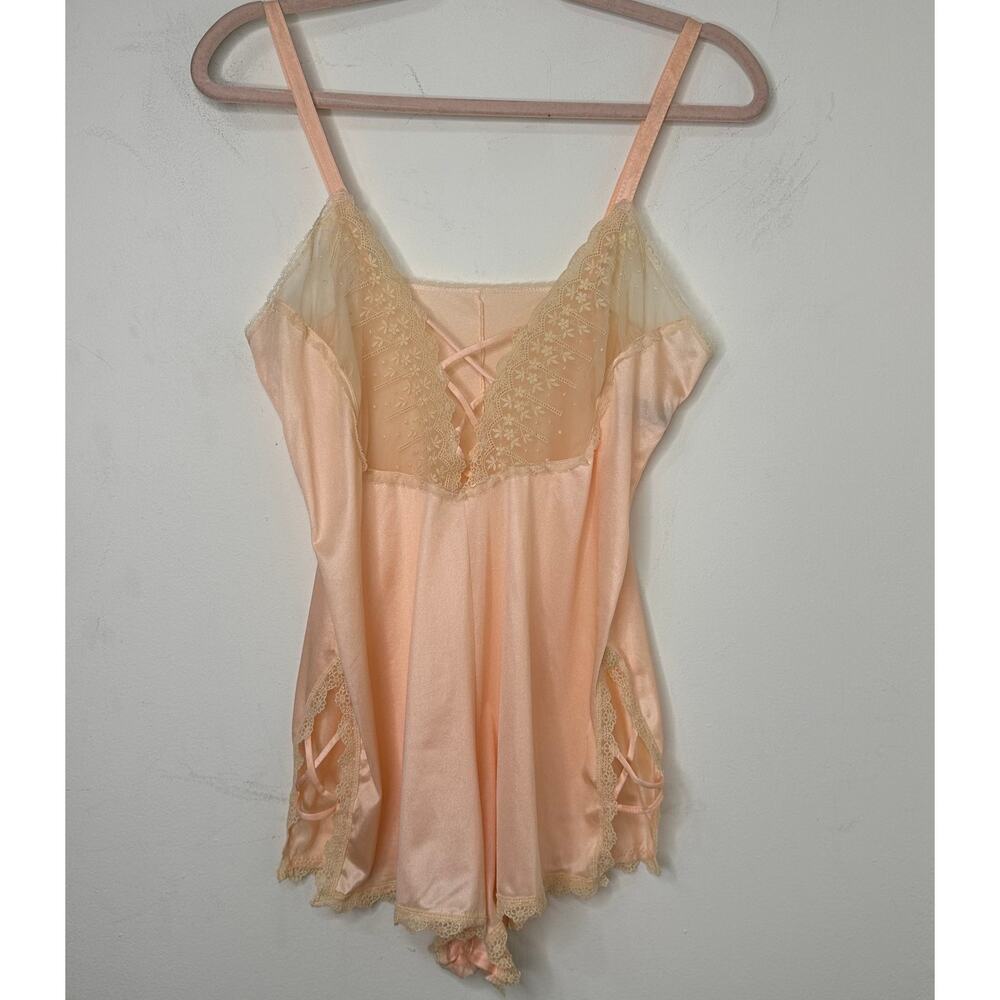 Md (36) VTG 80s Sheer Madness Peach Lace Teddy Romper Lingerie Coquette Romantic